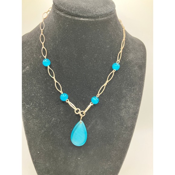 Blue Translucent Beaded Teardrop Pendant Necklace Vintage! - Picture 3 of 5